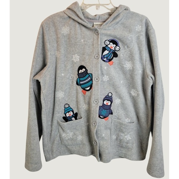 Essentials By Maggie Sweaters - Essentials by Maggie Penguin Fleece Hoodie Cardigan Holiday Winter Gray XL Women
